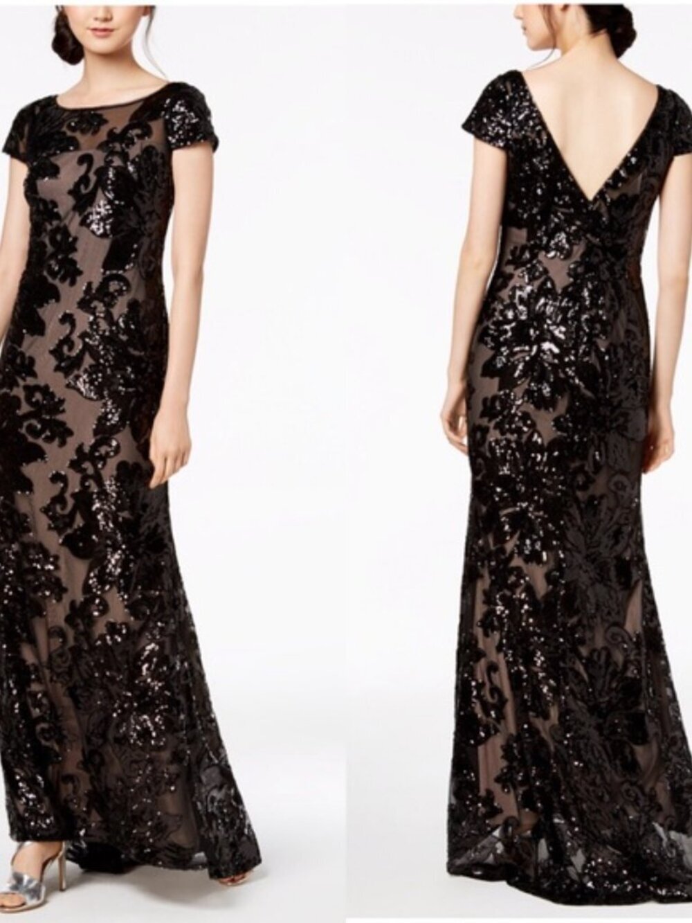 Calvin Klein Black Sequined Floral Maxi Dress Size 4